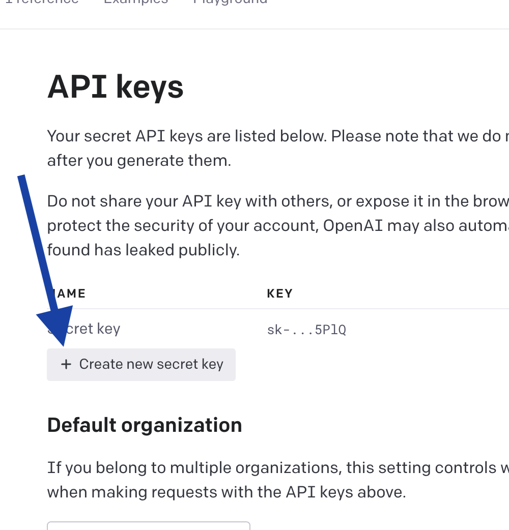 Create a new key for OpenAI